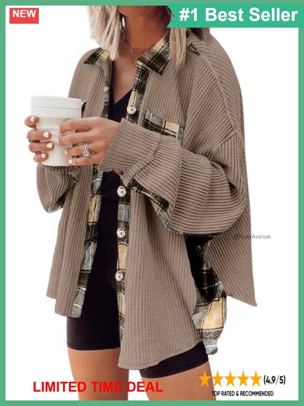 Waffle Knit Plaid Shacket Button Down Flannel Shirt Jacket Long Sleeve
